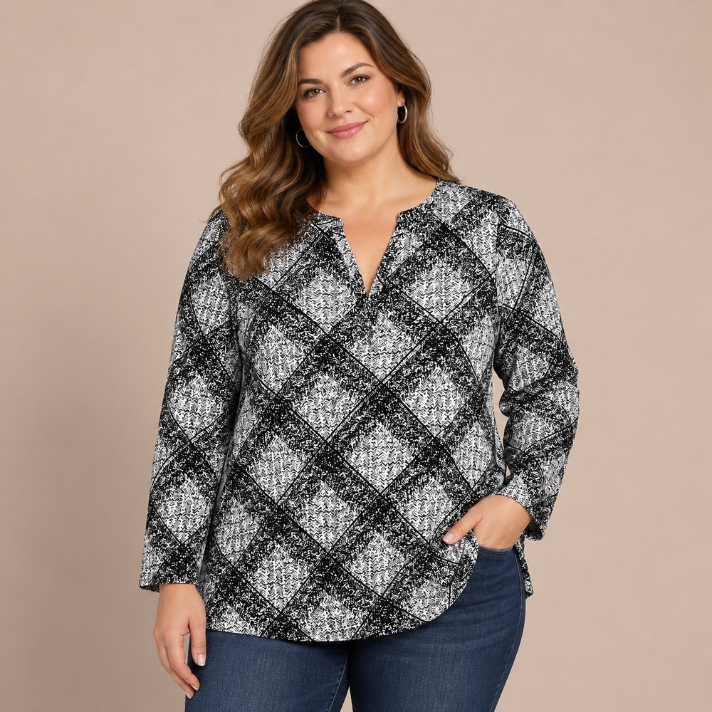 Anne Klein Diamond Grid Tunic Top Women's XL Corpcore Office Siren Mod Retro